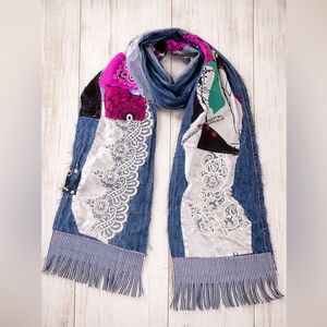 ARTISAN Handmade Patchwork Denim Scarf Lace Boho Fringe Statement Upcycled OOAK